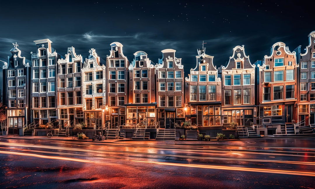 Facade of the rich nightlife and bars on Mars, styled after Amsterdam, in a developed city, captured with professional camera settings: manual mode, f/8, ISO 200 using a telephoto lens.