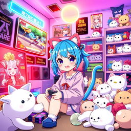 A lively anime-style illustration of a girl with bright blue hair styled in playful pigtails and wearing adorable cat-themed accessories, including cat ears and a tail