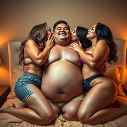 A vibrant scene of two attractive women with curvy figures, large bosoms, and voluptuous hips, passionately kissing a man with a round physique in a cozy bedroom setting