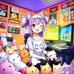 A vibrant anime-style illustration of a girl with bright lavender hair styled in playful twin tails, wearing a cute cat-themed headband and a t-shirt featuring her favorite feline character