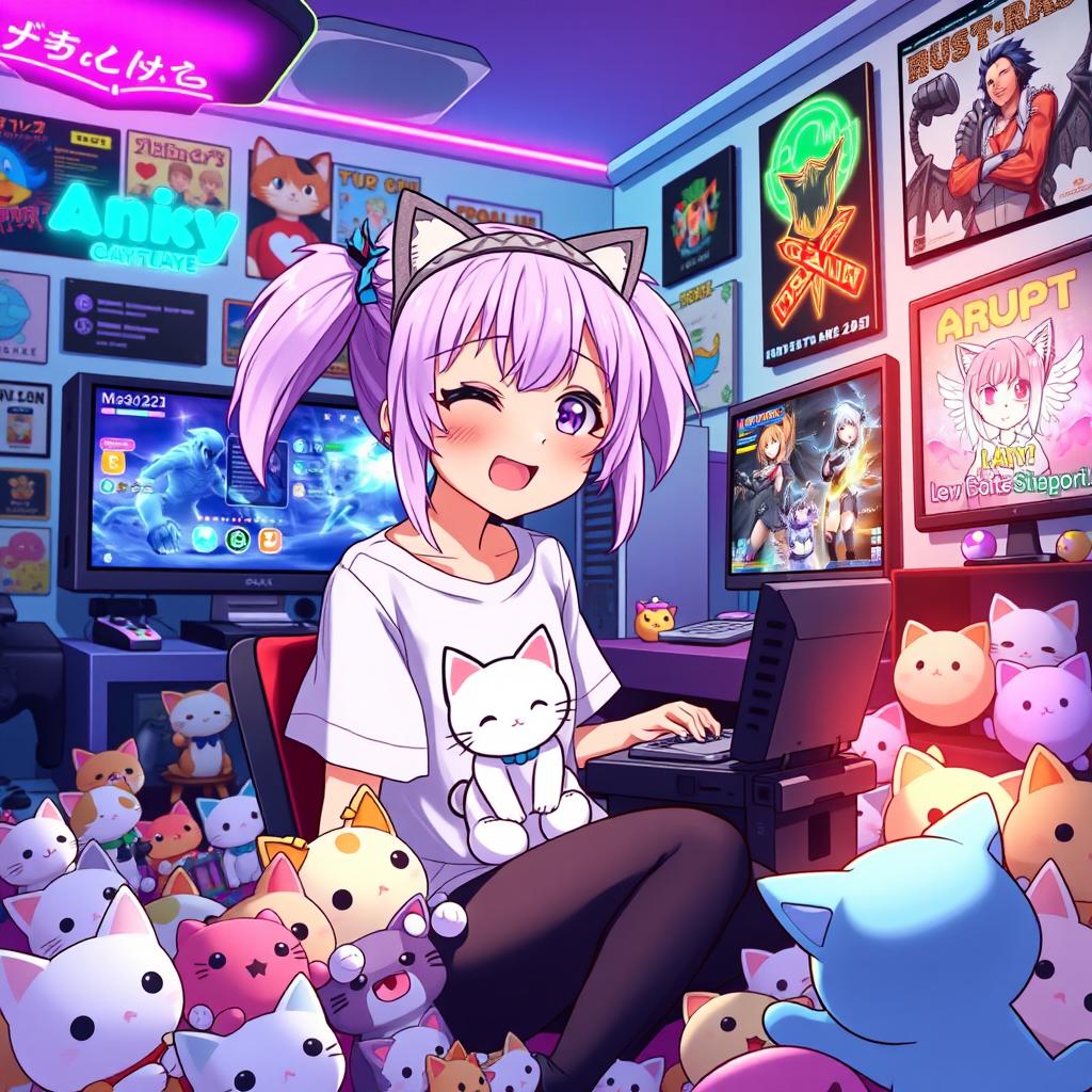 A vibrant anime-style illustration of a girl with bright lavender hair styled in playful twin tails, wearing a cute cat-themed headband and a t-shirt featuring her favorite feline character