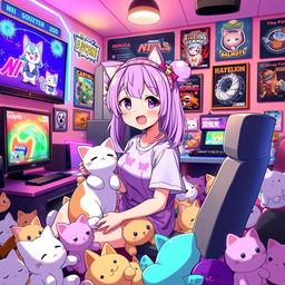 A vibrant anime-style illustration of a girl with bright lavender hair styled in playful twin tails, wearing a cute cat-themed headband and a t-shirt featuring her favorite feline character