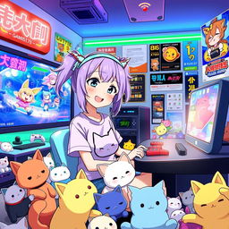 A vibrant anime-style illustration of a girl with bright lavender hair styled in playful twin tails, wearing a cute cat-themed headband and a t-shirt featuring her favorite feline character