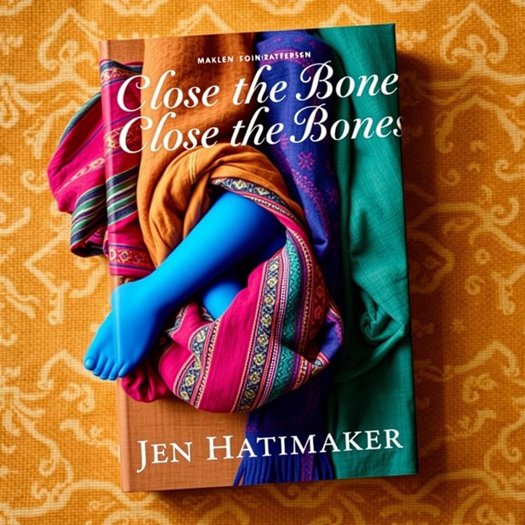 A book cover design for 'Close the Bones' by Jen Hatmaker, featuring a visually appealing composition centered around several tightly wrapped rebozos in vibrant colors and intricate patterns