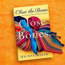 A book cover design for 'Close the Bones' by Jen Hatmaker, featuring a visually appealing composition centered around several tightly wrapped rebozos in vibrant colors and intricate patterns