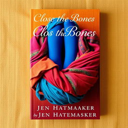 A book cover design for 'Close the Bones' by Jen Hatmaker, featuring a visually appealing composition centered around several tightly wrapped rebozos in vibrant colors and intricate patterns