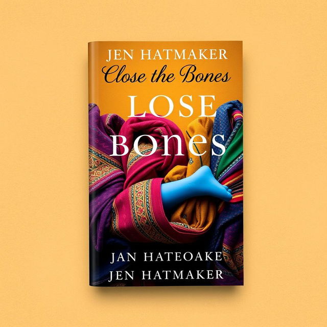 A book cover design for 'Close the Bones' by Jen Hatmaker, featuring a visually appealing composition centered around several tightly wrapped rebozos in vibrant colors and intricate patterns