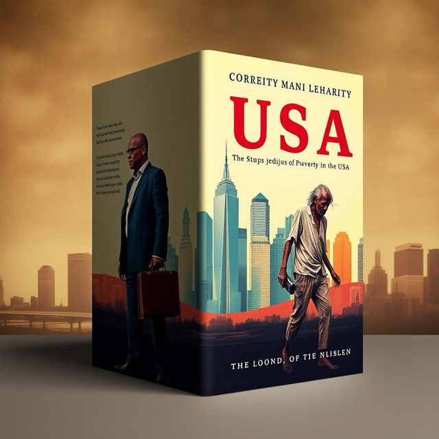 A book cover design that creatively combines vintage and modern styles to depict themes of corruption, inequality, and poverty in the USA