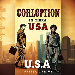 A book cover design that creatively combines vintage and modern styles to depict themes of corruption, inequality, and poverty in the USA