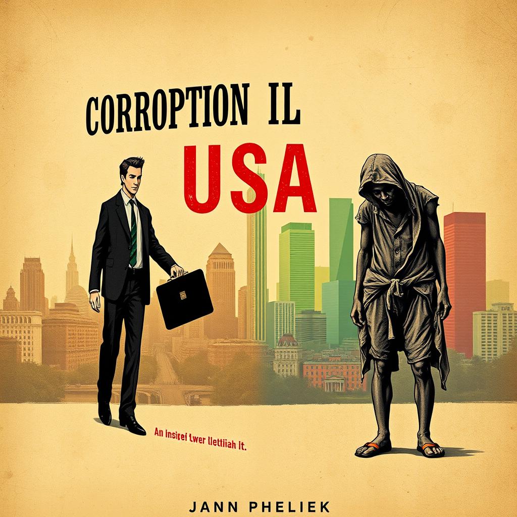 A book cover design that creatively combines vintage and modern styles to depict themes of corruption, inequality, and poverty in the USA