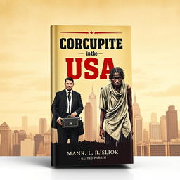 A book cover design that creatively combines vintage and modern styles to depict themes of corruption, inequality, and poverty in the USA