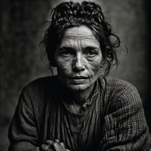 A 36k resolution grayscale portrait photograph capturing a middle-aged woman with deep brown eyes and worn-out clothes, reminiscent of Dorothea Lange's work.