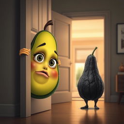 A realistic depiction of a feminine avocado, showcasing soft features and vibrant colors, peeking with surprise from an open door