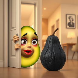 A realistic depiction of a feminine avocado, showcasing soft features and vibrant colors, peeking with surprise from an open door