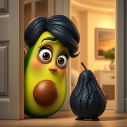 A realistic depiction of a feminine avocado, showcasing soft features and vibrant colors, peeking with surprise from an open door