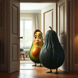 A realistic depiction of a feminine avocado, showcasing soft features and vibrant colors, peeking with surprise from an open door