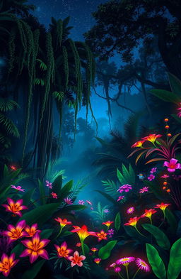 A lush and vibrant bioluminescent rainforest, teeming with exotic plants and animals, glowing softly under a starry night sky