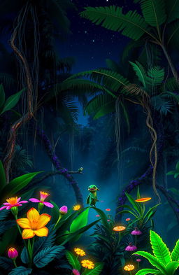 A lush and vibrant bioluminescent rainforest, teeming with exotic plants and animals, glowing softly under a starry night sky