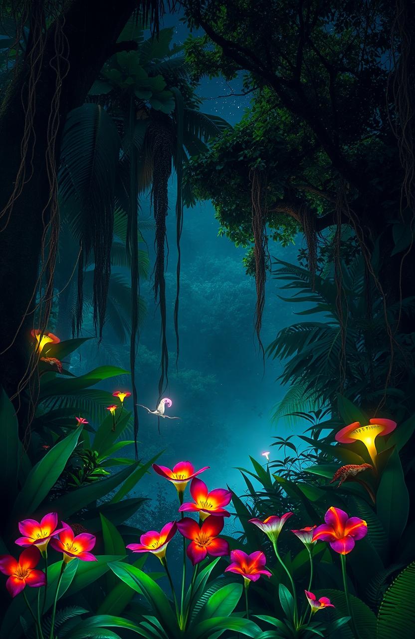 A lush and vibrant bioluminescent rainforest, teeming with exotic plants and animals, glowing softly under a starry night sky