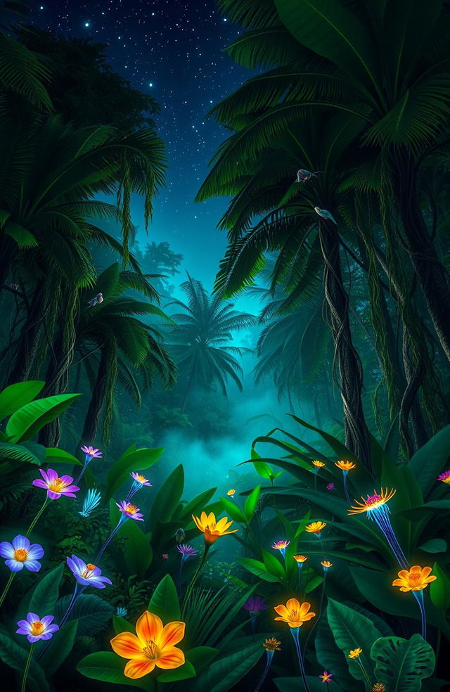 A lush and vibrant bioluminescent rainforest, teeming with exotic plants and animals, glowing softly under a starry night sky