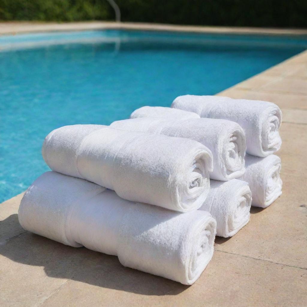 The edge of a swimming pool with variously sized white towels neatly rolled and folded.