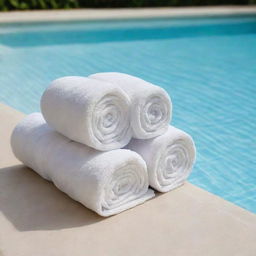 The edge of a swimming pool with variously sized white towels neatly rolled and folded.