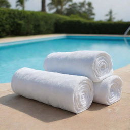 The edge of a swimming pool with variously sized white towels neatly rolled and folded.