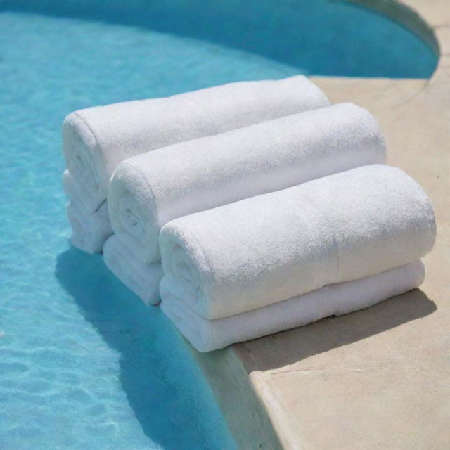 The edge of a swimming pool with variously sized white towels neatly rolled and folded.