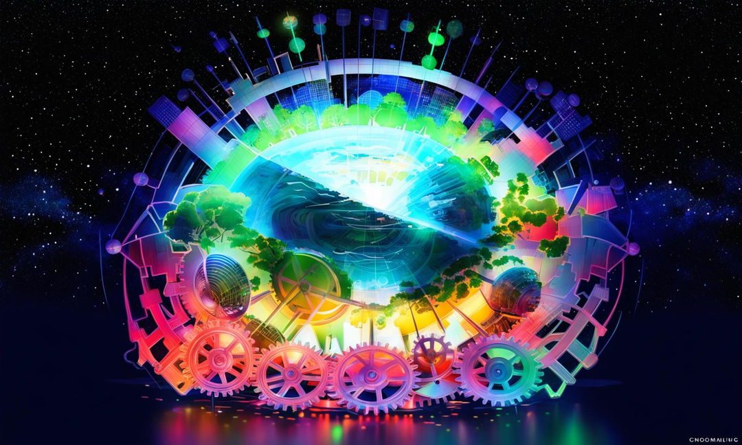 A vibrant globe surrounded by moving gears and cogs against a starry space background with faint outlines of futuristic cities.