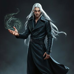 A tall, strikingly handsome human warlock with long, flowing white hair and piercing eyes stands confidently