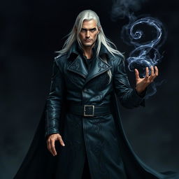 A tall, strikingly handsome human warlock with long, flowing white hair and piercing eyes stands confidently