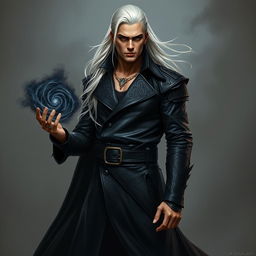 A tall, strikingly handsome human warlock with long, flowing white hair and piercing eyes stands confidently