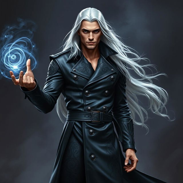 A tall, strikingly handsome human warlock with long, flowing white hair and piercing eyes stands confidently