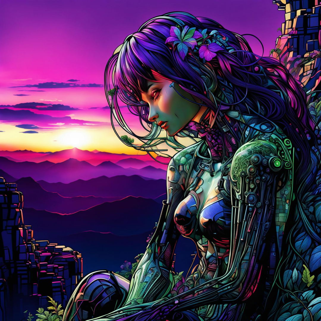 A cyber-organic woman with clear skin revealing inner workings of plants, vines, and mechanical parts sits on a cliff at sunset. Her long hair is purple-violet-magenta and her irises are opalescent.