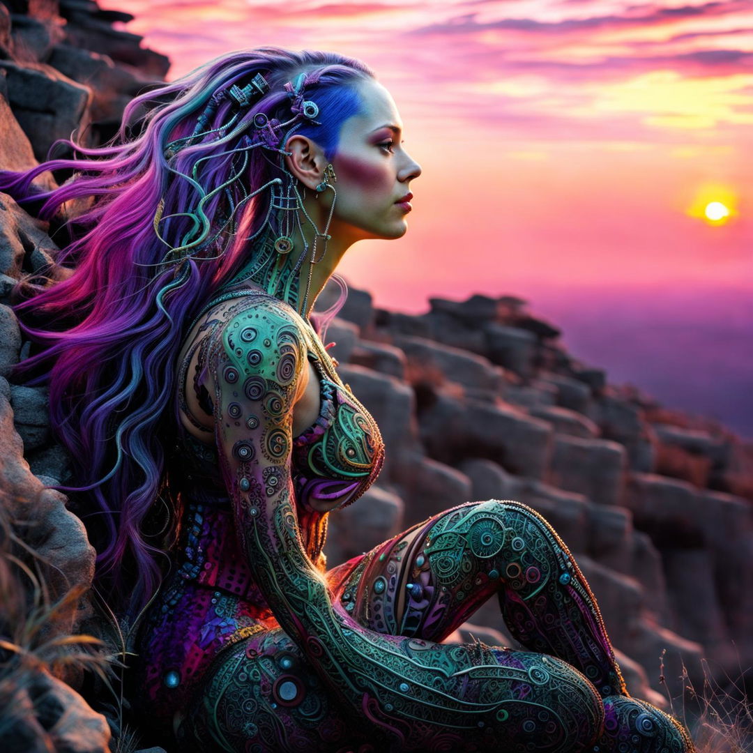 A real photograph of a woman with body art depicting plants, vines, and mechanical parts sits on a cliff at sunset. Her long hair is dyed in shades of purple, violet, and magenta and her irises are enhanced to appear opalescent.