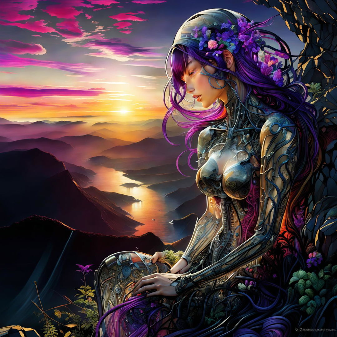 Cyber-organic woman with transparent skin revealing inner workings made of plants and mechanical parts. Her long wavy hair is purple-violet-magenta and her irises are opalescent. She sits on a cliff edge looking at a vibrant sunset.