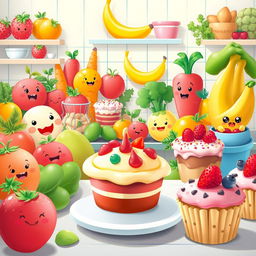 An animated, whimsical scene portraying a lively collection of colorful fruits, vegetables, cakes, and muffins