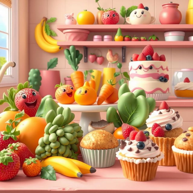 An animated, whimsical scene portraying a lively collection of colorful fruits, vegetables, cakes, and muffins