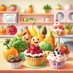 An animated, whimsical scene portraying a lively collection of colorful fruits, vegetables, cakes, and muffins