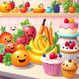An animated, whimsical scene portraying a lively collection of colorful fruits, vegetables, cakes, and muffins
