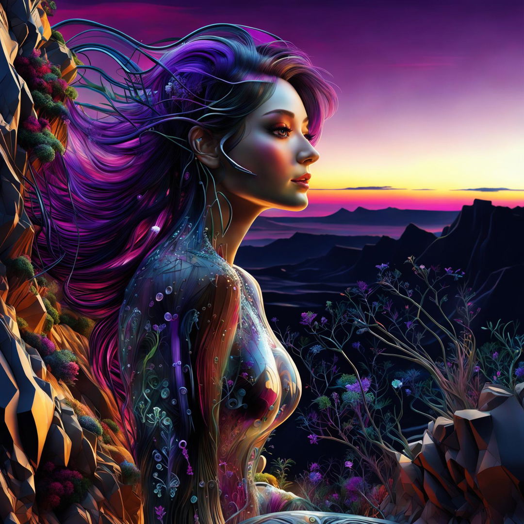 Ultra-detailed cyber-organic woman with transparent skin revealing inner workings of plants and mechanical parts. Her thick, wavy hair is purple-violet-magenta and she has dark eyelashes. Her irises are opalescent. She sits on a cliff edge looking at a vibrant sunset.