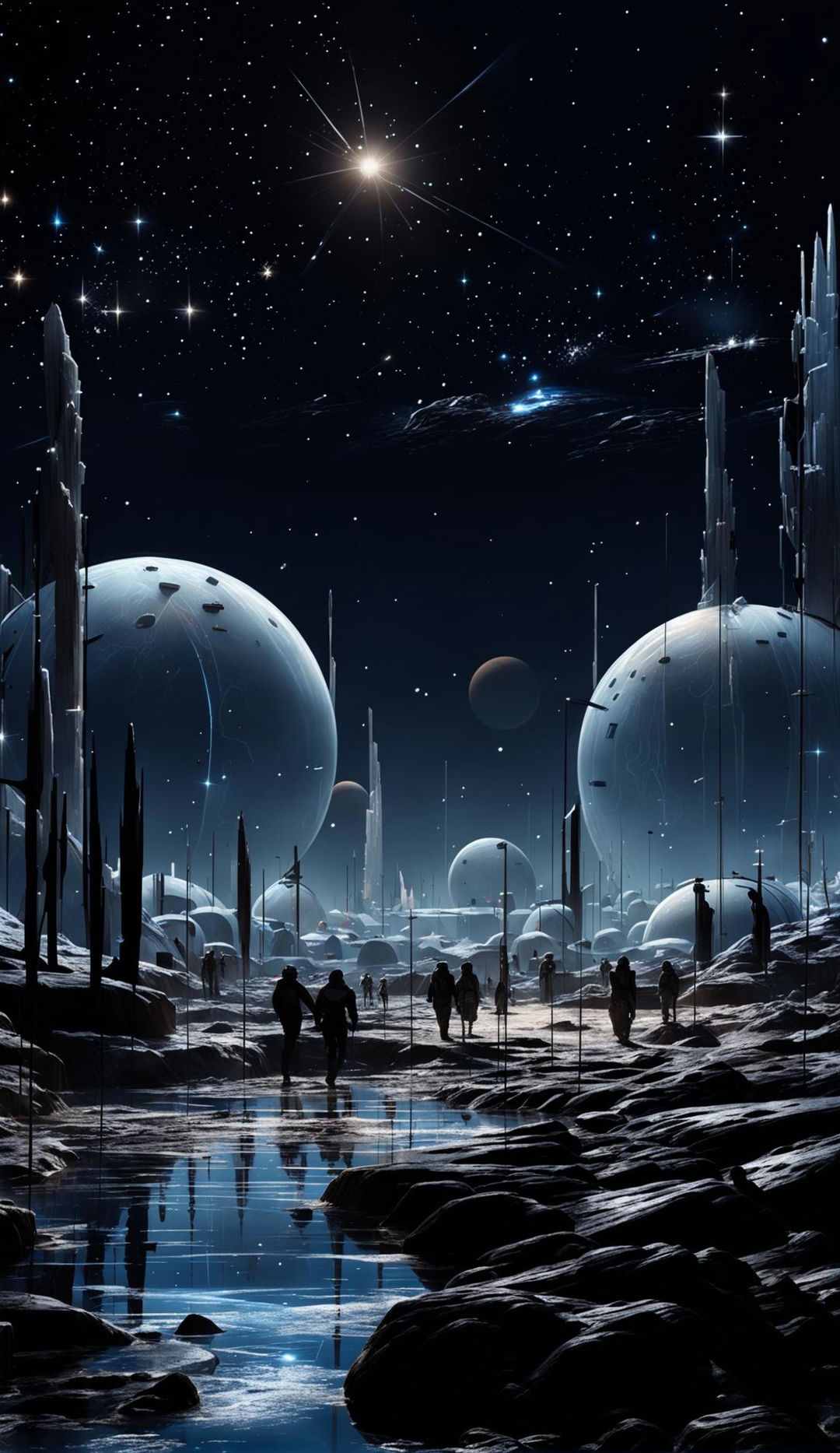 Digital art of life on Pluto featuring an icy landscape, futuristic habitats, rovers conducting research, and a rocket ship against a starry sky.