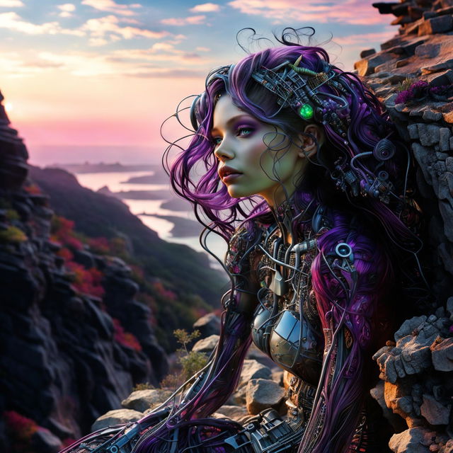 Ultra-detailed, raw, unedited professional photograph of a cyber-organic woman with transparent skin revealing inner workings of plants and mechanical parts. Her thick, wavy hair is purple-violet-magenta and she has dark eyelashes. Her irises are opalescent. She sits on a cliff edge looking at a vibrant sunset.