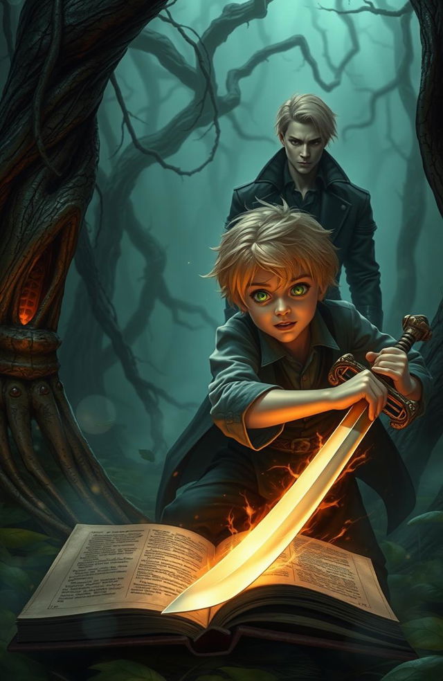 A blonde-haired, green-eyed adolescent protagonist energetically pulling a longsword from an ancient, mystical book, set in a mysterious marsh