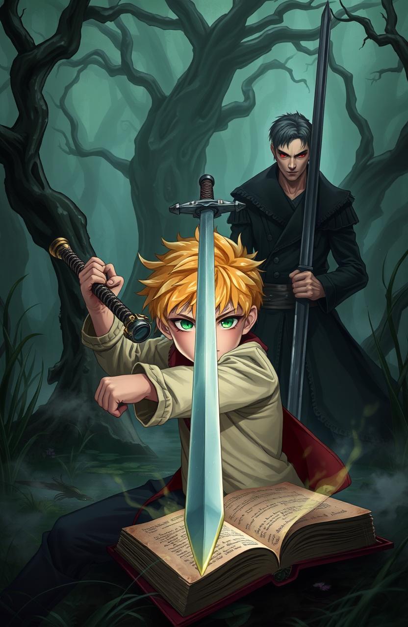 A blonde-haired, green-eyed adolescent protagonist energetically pulling a longsword from an ancient, mystical book, set in a mysterious marsh