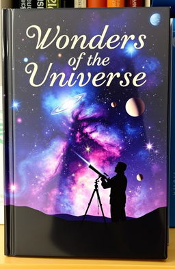 A beautifully designed science book cover featuring a galaxy filled with colorful nebulae, stars, and planets