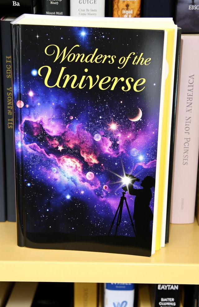 A beautifully designed science book cover featuring a galaxy filled with colorful nebulae, stars, and planets