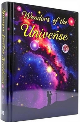 A beautifully designed science book cover featuring a galaxy filled with colorful nebulae, stars, and planets