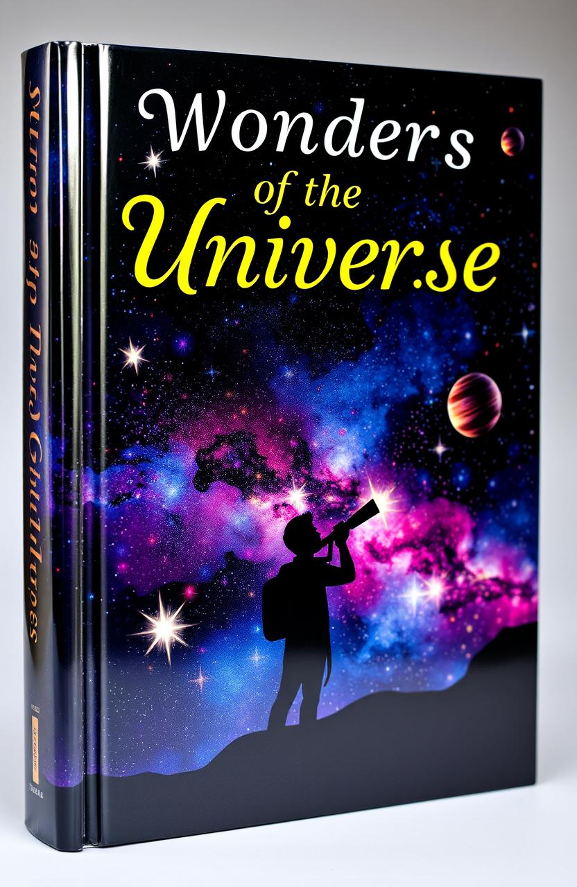 A beautifully designed science book cover featuring a galaxy filled with colorful nebulae, stars, and planets