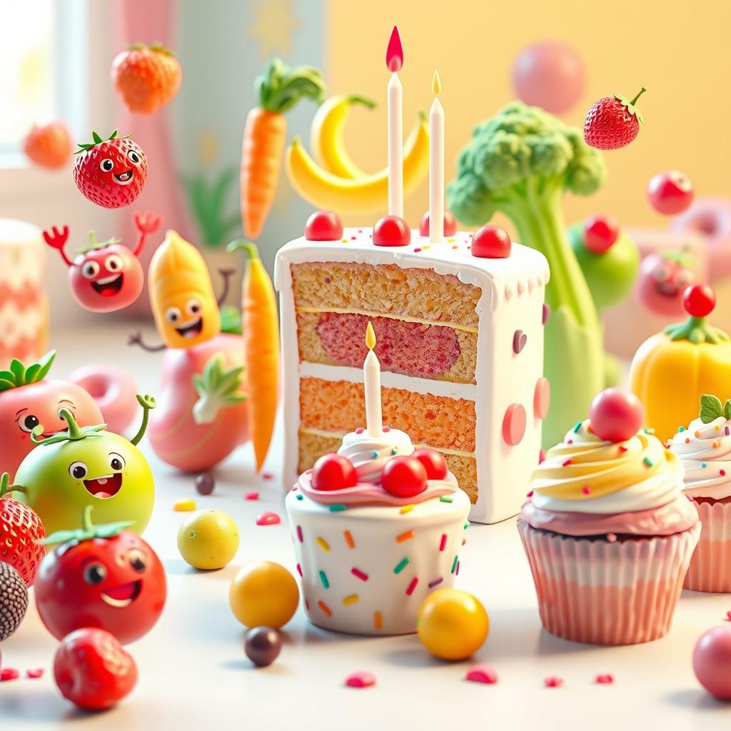 A vibrant 3D animated scene featuring an array of playful fruits, vegetables, cupcakes, and cakes